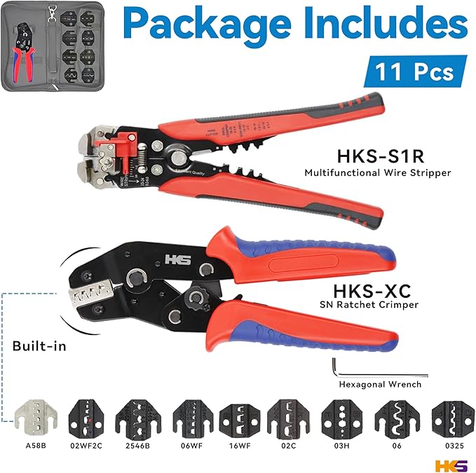 HKS Ratcheting Crimping Tool Set 12 PCS with Wire Stripper & Changeable Jaws for Dupont JST MOLEX - Open Barrel Terminals, Insulated & Non-Insulated Ferrules, Butt Connectors, Solar & Coax Connectors
