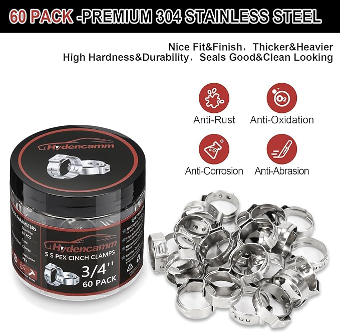 60 Pack 3/4 Inch PEX Crimp Rings, Premium 304 Stainless Steel Pex Clamps, Pex Cinch Clamp Rings with Storage Case for PEX Tubing Pipe Fitting Connections By Hydencamm(3/4"x60)