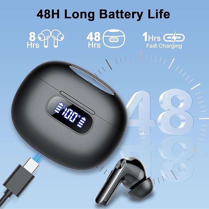Wireless Earbuds, Bluetooth 5.3 Headphones LED Power Display, 2025 New Wireless Earphones, 4 ENC Noise Cancelling Mic, HiFi Stereo, 48H Playtime Mini Case IP7 Waterproof for Sport Walk