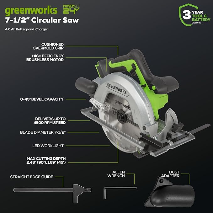 Greenworks 24V Brushless 5 pcs Cordless Power Tool Combo Kit, include Drill Driver, Circular Saw, Jigsaw, Wood Router, Sander, 2 x 2Ah Batteries and Charger