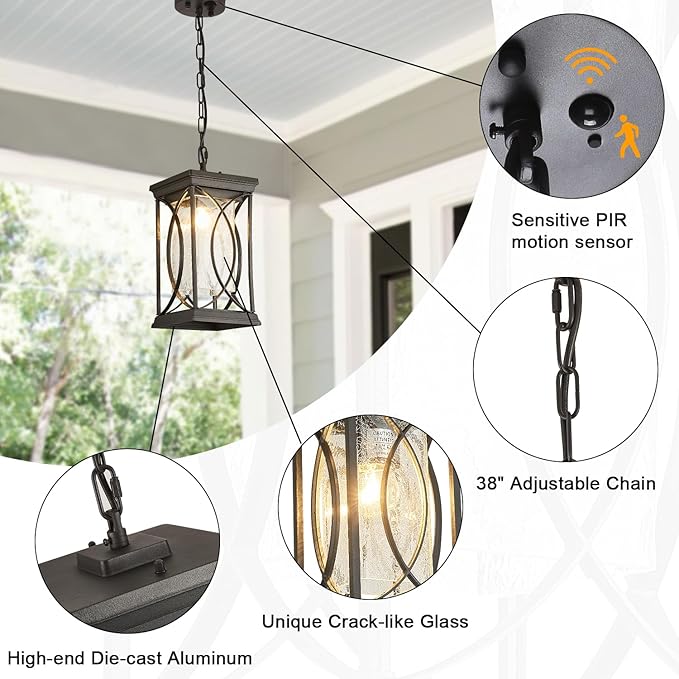 Motion Outdoor Pendant Light Fixtures Dusk to Dawn Exterior Ceiling Hanging Lantern for Porch, Modern Black Outside Chandelier Light with Crack Glass for Front Door Porch Gazebo Foyer Entryway