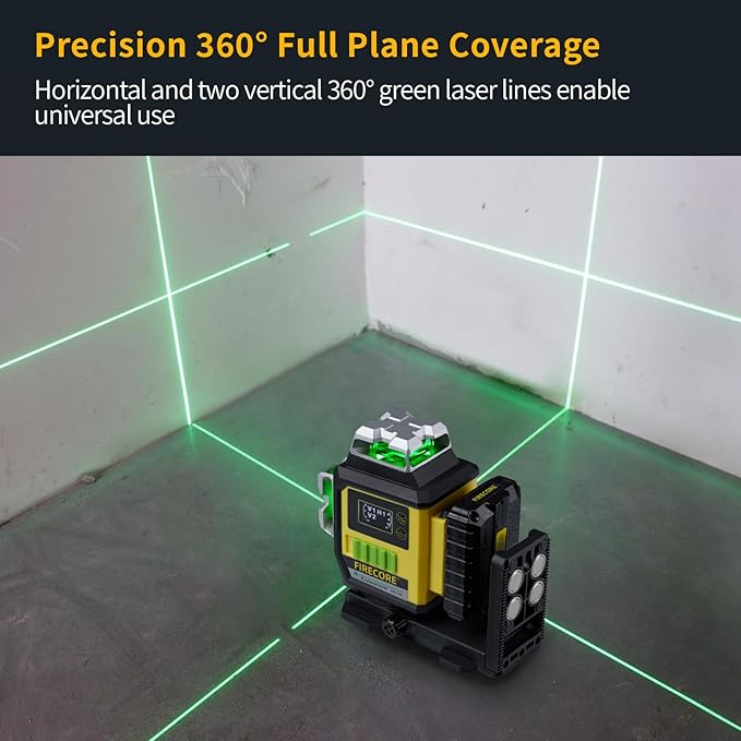 Firecore Laser Level 360 Self Leveling, 3 x 360° Outdoor Laser Level Green Cross Line Laser Leveler Tool for Construction - 2 Rechargeable Batteries, Laser Track Clip & Hard Carry Case