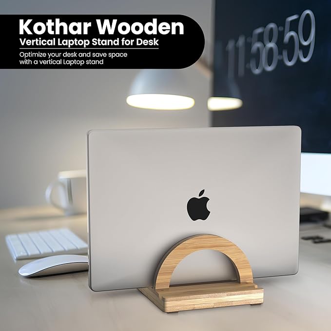 Kothar Premium Wood Vertical Laptop Stand - Adjustable Single Slot Bamboo Holder for MacBook, Dell, HP, and More | Space-Saving Desktop Organizer | Eco-Friendly, Sleek & Durable Design