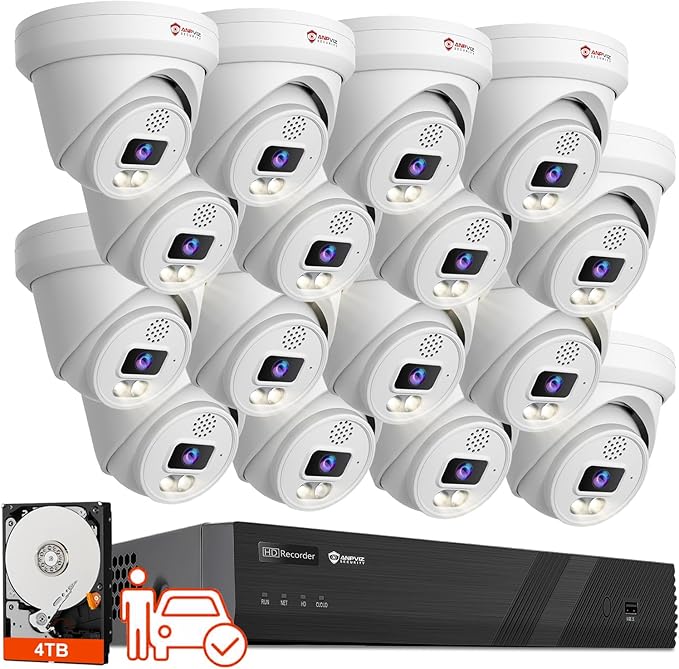 Anpviz 16CH PoE Security Camera System with Two-Way Audio, 16pcs Wired 6MP PoE IP Camera with Human Vehicle Detection, 4K 16CH NVR Built-in 4TB HDD for 24/7 Recording, Smart Color Night Vision