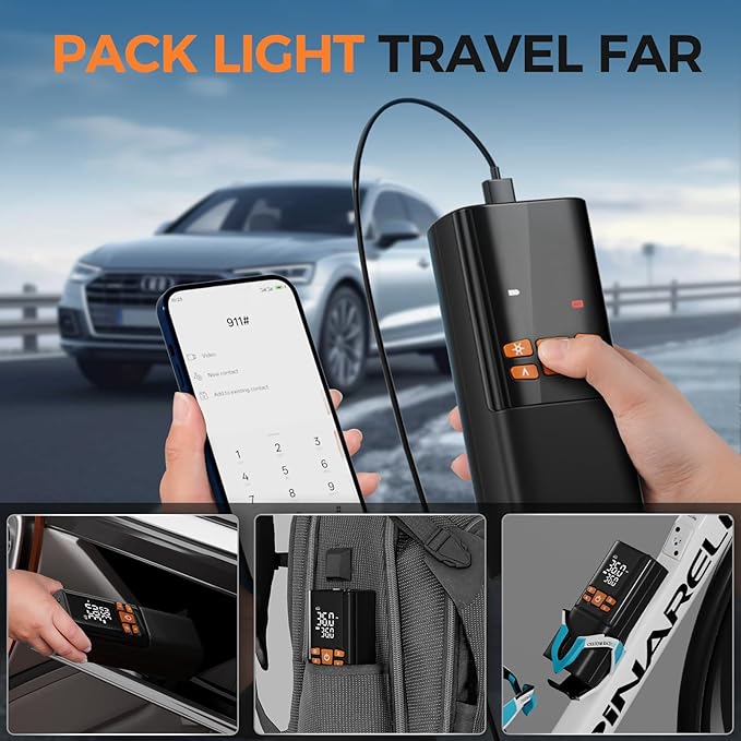 Tire Inflator Portable Air Compressor 150PSI - 10000mAh Cordless Pump with 12V DC Power & Auto Shut-off, Fast Inflation for Car, Motorcycle, Bike, Ball - Built-in LED Light