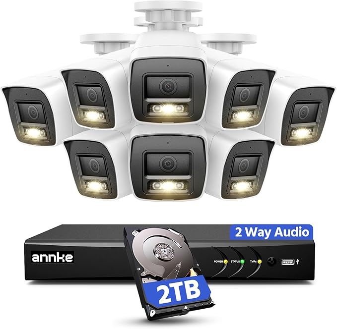 ANNKE 2MP Two-Way Audio Security Camera System, 8CH 3K Lite DVR, 8pcs 1080P CCTV White Wired Cams with Color Night Vision, AI Motion Detection, Smart AcuSearch, 2TB HDD for Outdoor Home Surveillance