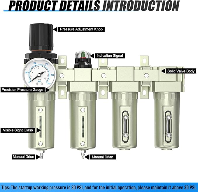 4 Stage Heavy Duty Industrial Grade 3/4" NPT Air Drying System For Plasma Cutter and Paint Spray, Coalescing Filter,Particulate Filter,Double Desiccant Dryer and Air Regulator,Manual Drain