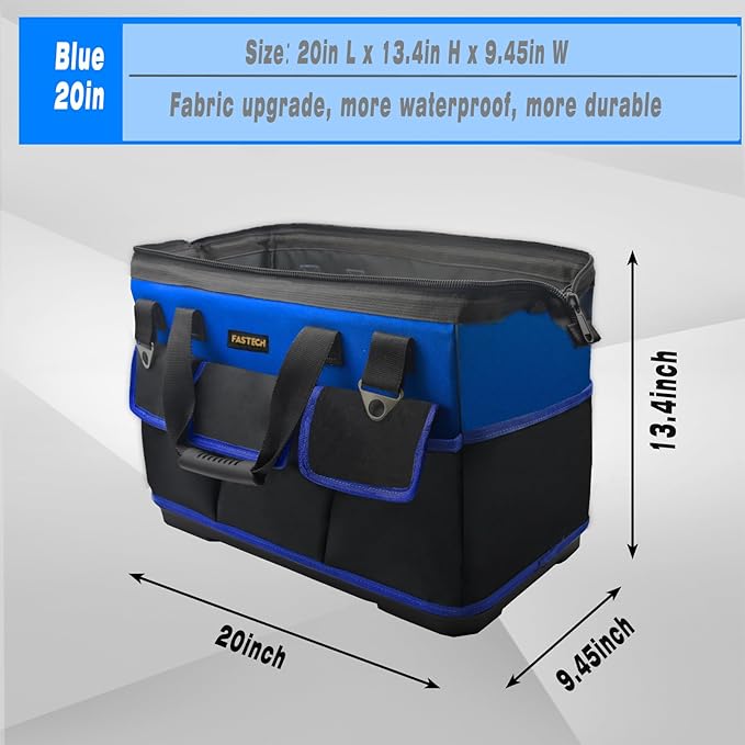 20 Inch Bottom Tools Bag With Wide Mouth For Tool Storage, Carrier and Organizer, Heavy Duty Tool Tote Bag for Men/Women, Wide Mouth Tool Bag With Inside Pockets (20 Inch)