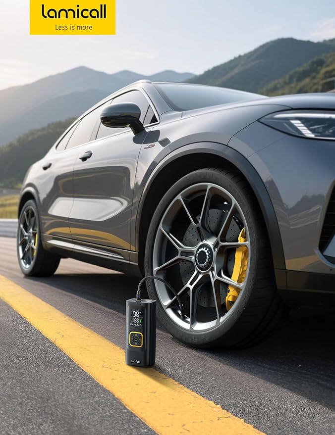 Tire Inflator Portable Air Compressor - Lamicall [4X Faster][150 PSI] Car Bike Air Pump with Rechargeable Battery, Digital Display Pressure Gauge, LED Light, Cordless Pump for Cars, Motorcycle, Ball