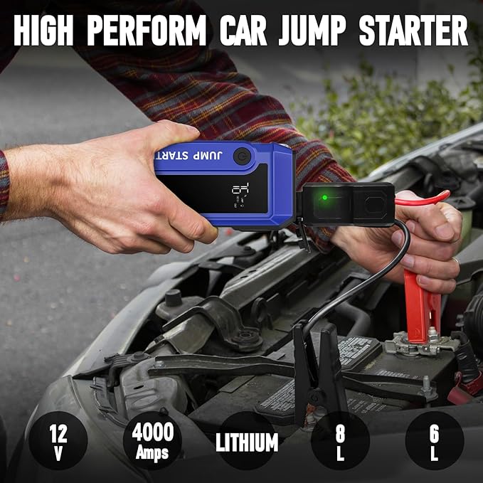 Car Battery Jump Starter 4000A Peak, Portable Battery Jumper Starter Up to 8.0L Gas & 6.0L Diesel Engines, 12V Car Jumper Battery Pack Charger with Flashlight