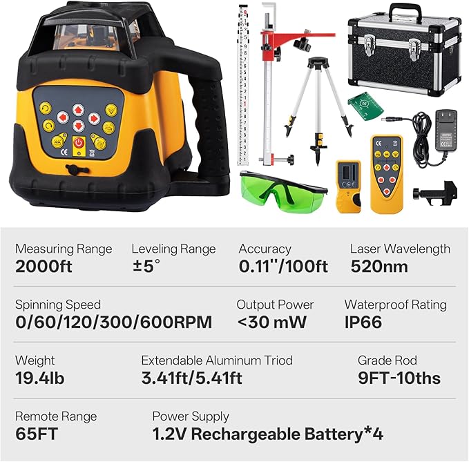 Self-Leveling Green Rotary Laser Level Kit, 2000’ Range, ±0.11"/100ft Accuracy, IP66 Waterproof & Dustproof, Includes Tripod, Grade Rod, Receiver, Detector Holder & Aluminum Carrying Case