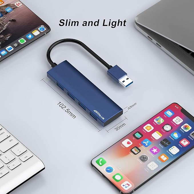 USB Hub, USB 3.0 Hub Aluminum Alloy Ultra Slim USB Splitter, Portable 4 Port USB Extender, USB Hub for Laptop, PC, MacBook, iMac, Surface Pro, Mac Pro, Flash Drive, XPS 【Blue】