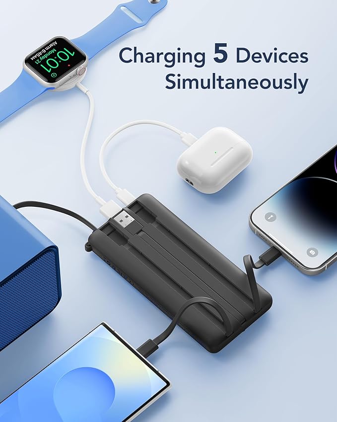 VRURC Portable Charger with Built in Cables, Slim Power Bank 10000mAh, USB C Battery Pack Travel Essential, 5 Outputs 2 Inputs Phone Charging Bank for iPhone 16 15 14 13,Samsung,Android-Black(1 Pack)