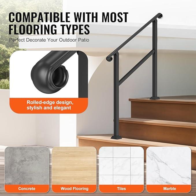 VEVOR Handrails for Outdoor Steps, 2-3 Step Stair Hand Rail & Indoor Railing Kit, Railings for Outside Steps with Installation Kit, Hand Rails for Seniors,Porch Railing & Deck Hand Rail, Black