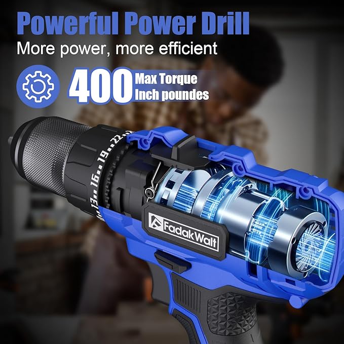20V Cordless Drill/Driver Set,Electric Power Drill Kit with Battery& Charger, 1/2inch Keyless Chuck,2 Variable Speed,25+1 Torque Setting, 400 inch-lbs with LED Power Drill Kit