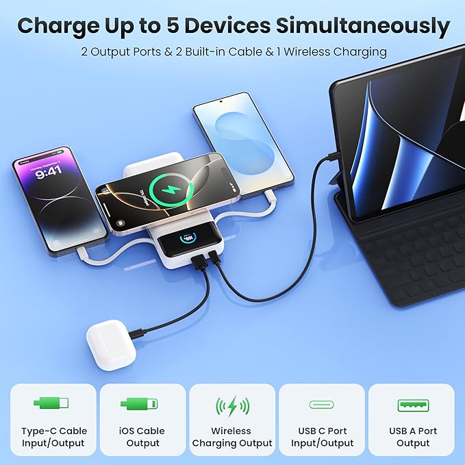 Wireless Portable Charger 40800mAh with Built-in Cables, 15W Wireless Charging USB C Power Bank, 25W PD QC 4.0 5 Outputs TFT LCD Display Battery Pack for iPhone 16/15/14/13/12, Samsung, Android etc