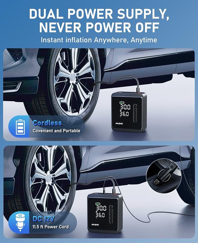 Tire Inflator Portable Air Compressor, 150PSI Cordless Air Pump for Car Tires, 3X Faster Battery & 12V DC Dual Power Electric Bike Pump with Pressure Gauge, for Car Bicycle Ball and More