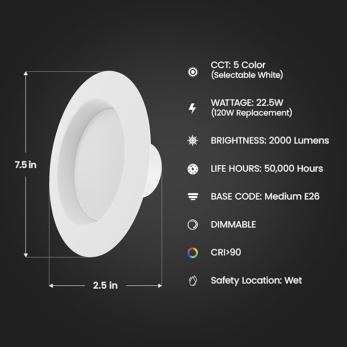Feit Electric 5/6 Inch LED Recessed Downlight, 22.5W (120W Eqv), Dimmable, Adjustable White 2700K–5000K, Retrofit Kit, E26 Adapter, Ideal for Larger Spaces or High Ceilings, LEDR56XHO/6WYCA/4, 4 Pack