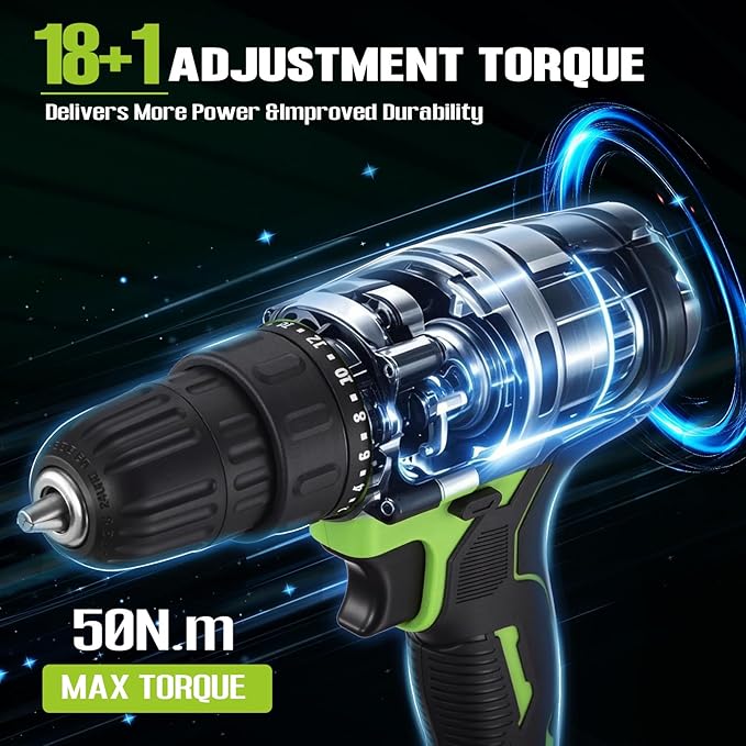 WORKBLESS 21V Power Drill Set, Cordless Drill with 2 Batteries and Charger, 3/8'' Keyless Chuck, Variable Speed, 18+1 Torque Setting and 28pcs Bits Tool Set(Green)