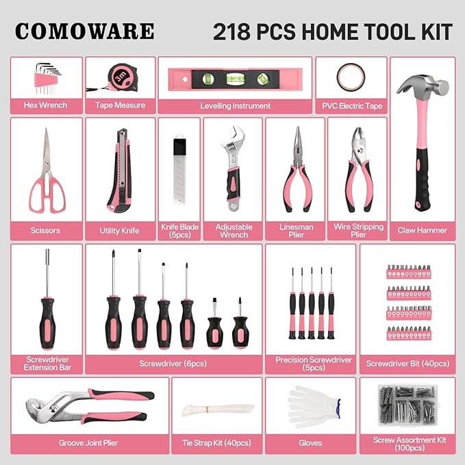 COMOWARE 218 Pcs Pink Home Tool Kit, Basic Household Hand Tool Set with Bag, Ladies Hand Tool Kit Women Home Repairing Tool Kit for Home Maintenance Daily Use Homework DIY