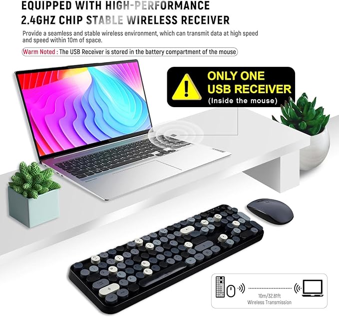 LETTON Wireless Keyboard Mouse Combo, 2.4GHz Typewriter Keyboard Wireless, Colorful Full Size Office Computer Retro Keyboard and Cute Mouse with 3 DPI for Mac PC Desktop Laptop-Black Grey