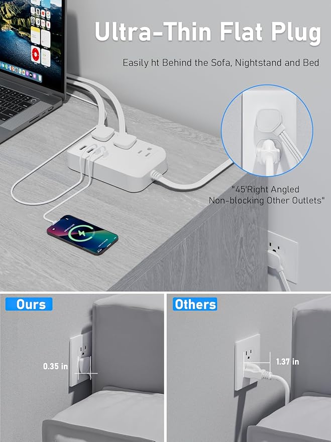 Power Strip-6FT Extension Cord Flat Wall Plug,3 Outlets 2 USB,2 USB-C,PD20W Charging Ports,Electrical Outlet,Flat Plug Power Strip,Outlet Extender,Cruise Ship Essentials for Home Dorm Room Essentials
