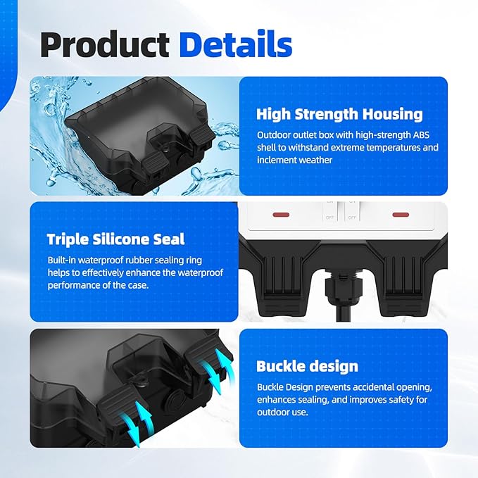 Outdoor Outlet Box with 26.3Ft Extension Cord, NEMA 5-15R, STW 14 AWG,IP66 Waterproof Power Outlet Extender with On/Off Switch & LED Indicator for Garden Yards& Outdoor Activity