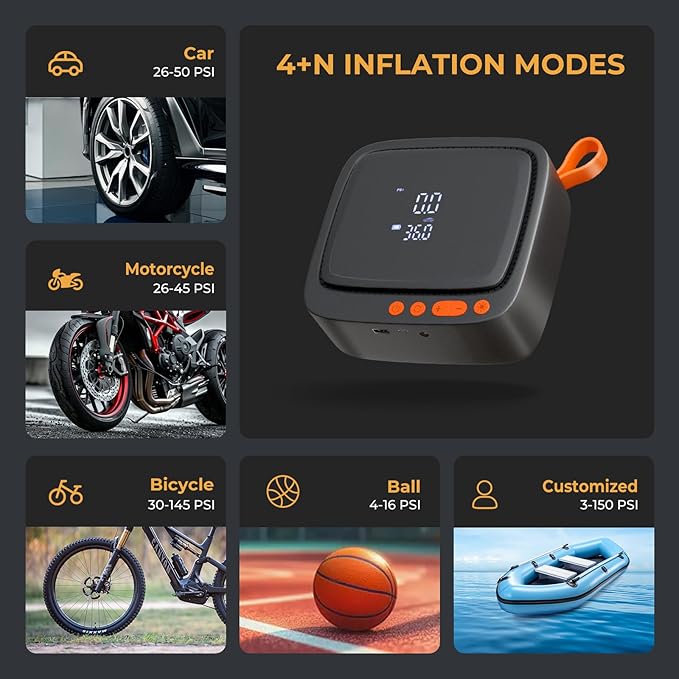 AP22 Dual Power Tire Inflator, 150 PSI Portable Air Compressor with 6 Min Inflation & 1 Min Top Off, Auto Shut Off, Cordless Digital Air Pump for Car, Bike, Motorcycle, Ball, Inflatables