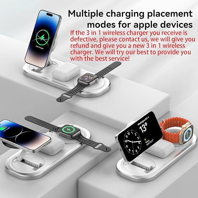 3 in 1 Wireless Charger for iPhone, Foldable Charging Station for Magsafe for iPhone 16/15/14/13/12/Pro Max/Pro/Mini/Plus, Apple Watch 10/9/8/7/SE/6/5/4/3/2/1/Ultra2/Ultra, AirPods pro/2/3/4 (Silver)