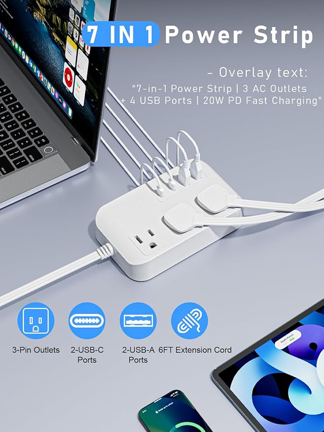 Power Strip-6FT Extension Cord Flat Wall Plug,3 Outlets 2 USB,2 USB-C,PD20W Charging Ports,Electrical Outlet,Flat Plug Power Strip,Outlet Extender,Cruise Ship Essentials for Home Dorm Room Essentials