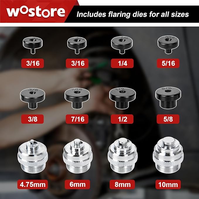 Wostore Professional Brake Line Flare Kit for Single, Double (SAE) Flares & Bubble (ISO) Flares with Tubing Cutter Pipe Reamer for 3/16-5/8" 7 Sizes