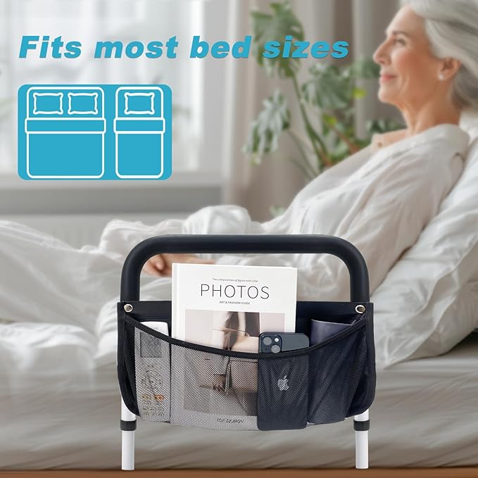 Bed Rails for Elderly Adults Safety with Adjustable Heights Storage Pocket Assist Support Side Railings Seniors Slides Under Mattressbed Cane Guard Bed Handles Bars (White)