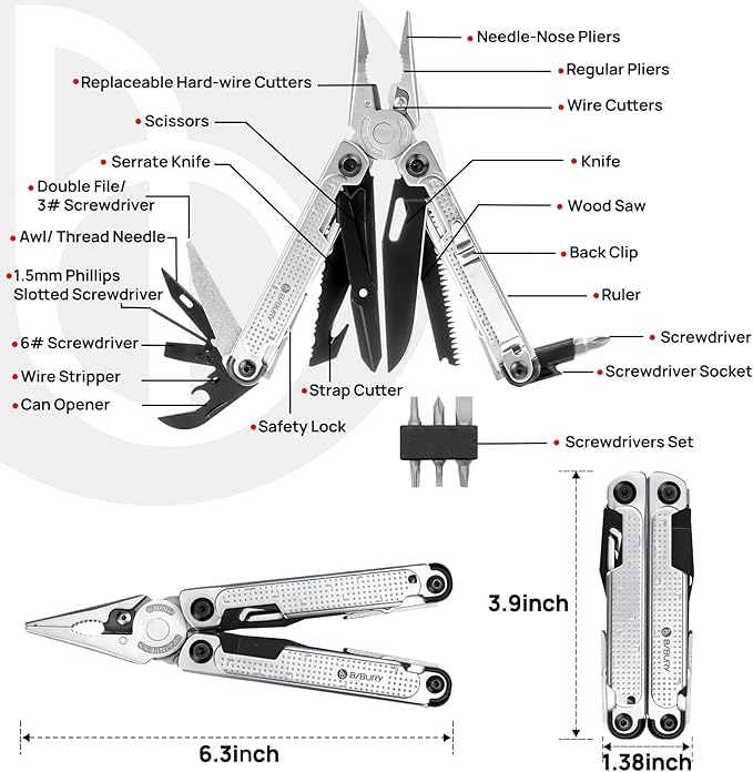 BIBURY Multitool Pliers BI2048B, Stainless Steel Multi Tool with Upgraded Rope Cutter and Screwdrive, Foldable Self-locking Multitools with Nylon Pouch, Ideal for Camping, Hiking, Survival, Repair
