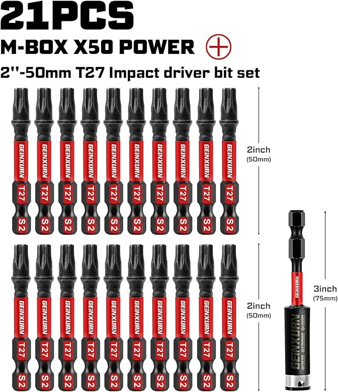 20Pieces 2inches T27 Impact Tough Magnetic Screwdriver Bit Set, #27 Torx Head Power Bits, S2 Alloy Steel Star Bits with 1pc Bit Holder and Storage M-Box