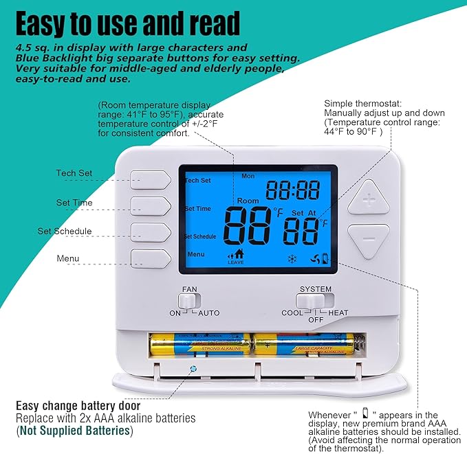 5-1-1 Day Programmable Thermostats for Home 2 Heat/ 2 Cool Conventional Multistage Systems