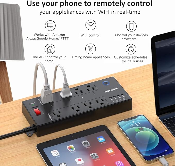 6 Ft WiFi Surge Protector - 8 Outlet Extension Cord with 4 Smart & 4 Always On Outlets, 4 USB Ports, Alexa & Google Home Compatible, Black