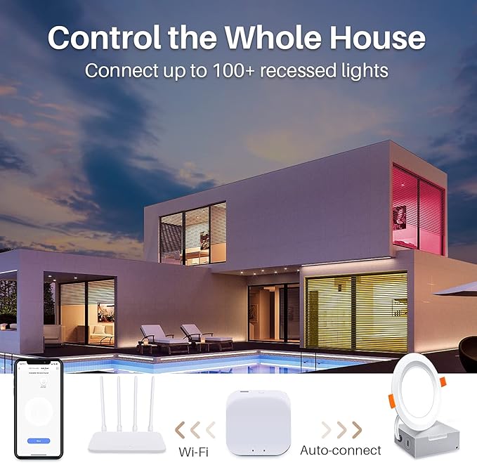 Smart LED Recessed Lighting 6 Inch, IC Rated & ETL Certified Recessed Ceiling Light, RGB & Cool & Warm White Dimmable Color Changing Downlight Work with Alexa/Google, Sync to Music, 1200Lumen,6 Pack