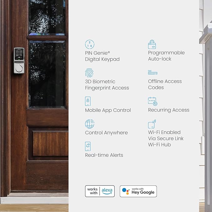 Lockly Secure Pro Smart Deadbolt, Wi-Fi Smart Lock, Keyless Entry with PIN Genie® Keypad, 3D Biometric Fingerprint, Auto Lock, Rekeyable-Satin Nickel