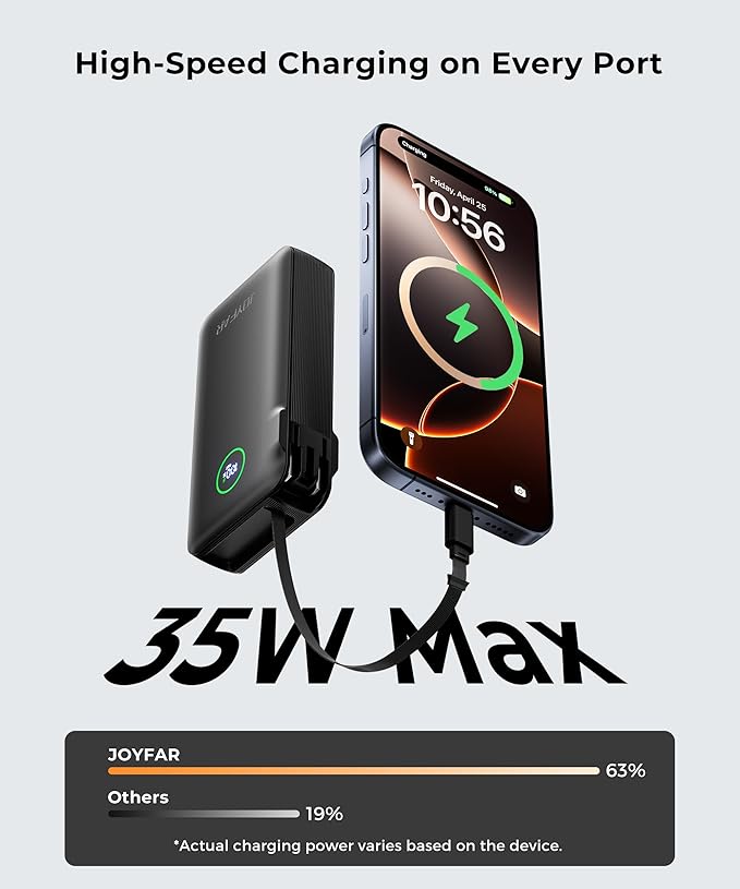 Portable Charger Power Bank - Battery Pack 35W AC Plug GaN 10000mAh Built in Cable USB C Phone Fast Charging Powerbank Compatible with iPhone 16 15 14 13 12 11 X iPad MacBook Samsung (Black)