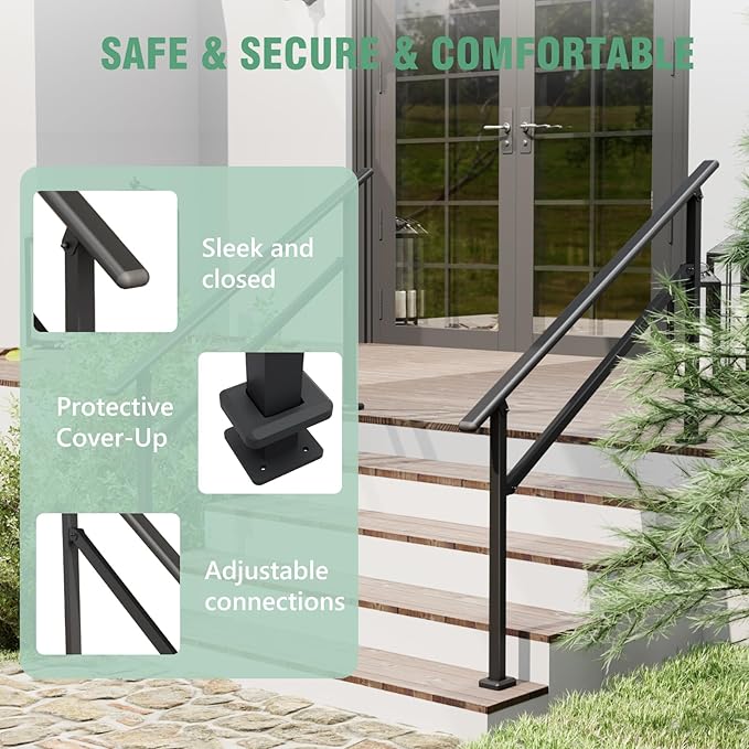 2 Pack Hand Rails for Outdoor Steps,4-5 Step Railing for Stairs,Adjustable Porch Railing,Hand Rails for Seniors,Outdoor Deck Handrails for Exterior Steps,Black
