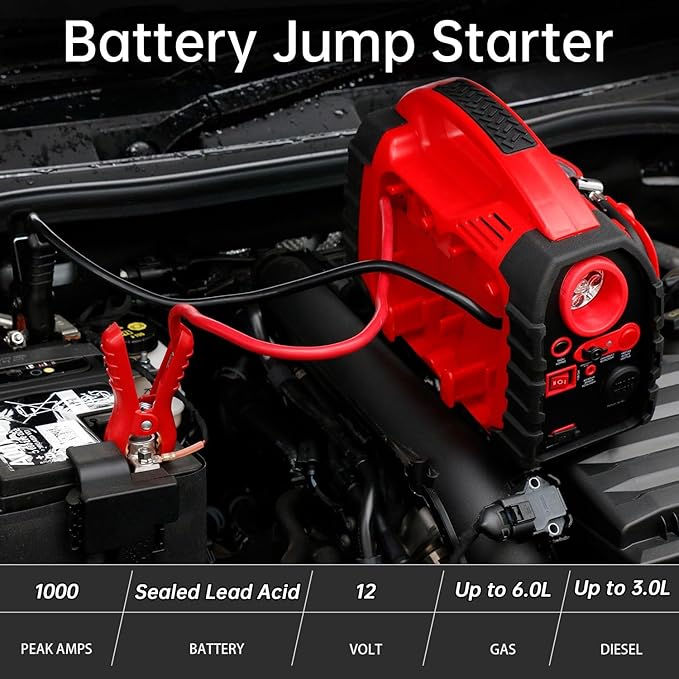 Jump Starter, acetek 1000Amp 12V Lead-Acid Battery Jump Starter with 260 PSI Air Compressor, Jump Box for Up to 5.0L Gas & 5.0L Diesel Engines, Portable Power Station with LED Light