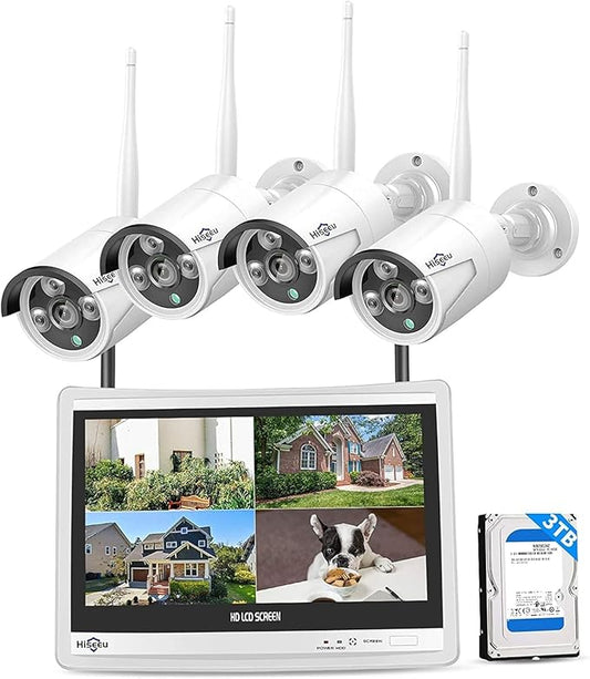 [16CH Expandable] Hiseeu Home Security System, 2.4G/5G Wireless WiFi Pro, 4K NVR with 12" LCD Monitor, 5MP Corded Electric Powered Outdoor Bullet Cameras, 24/7 Recording, 3TB HDD, Night Vision, IP65