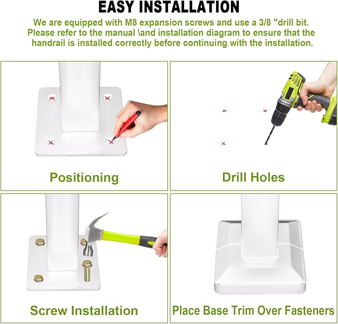 Adjustable Handrails for Outdoor Steps, Handrail Picket #3 Fits 3 or 4 Steps, Mattle Wrought Iron Handrail, Stair Rail with Installation Kit for Outdoor Steps,White