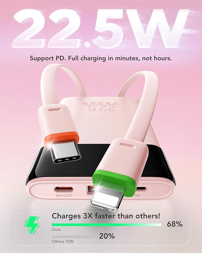 VEGER 10000mAh Portable Charger with 2 Built-in Cables, PD 22.5W Fast Charging USB C Power Bank, 4 Outputs 3 Inputs Slim Battery Pack Compatible with iPhone, Samsung, iPad, Android - Travel Essential