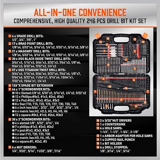 Ultimate Drill Bit Set - 246 PCS Comprehensive Premium Quality Drill Bits Kit for Wood Metal Cement Drilling & Screw Driving, Full Combo Kit Assorted in Organized Carrying Case, Reinforced Packaging