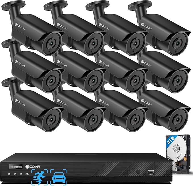 4COVR 16 Channel Security Camera System, Human/Vehicle Detection, Night Vision, 16CH 4K NVR 4TB HDD, 12Pcs 8MP Wired Commercial Bullet PoE IP Camera IP67, Business Surveillance Outdoor, LY37EB8M1612