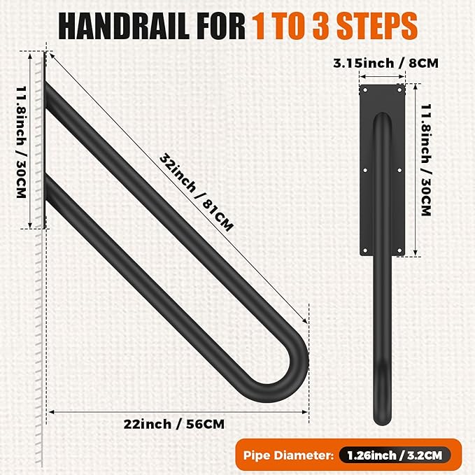 GORWARE Handrails for Outdoor Steps, 32" U-Shaped Handrail Wall Mount with Matte Black Finished,1-3 Steps Railings,Safety Grab Bar for Outdoor Indoor Stairs, Garage, Porch, Toilet, Yard and Garden