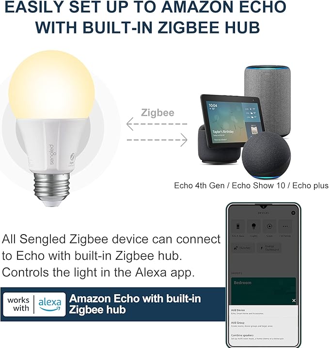 Sengled Zigbee Smart Light Bulbs, Smart Hub Required, Works with SmartThings and Echo with Built-in Hub, Voice Control with Alexa and Google Home, Soft White 60W Eqv. A19 Alexa Light Bulb, 6 Pack