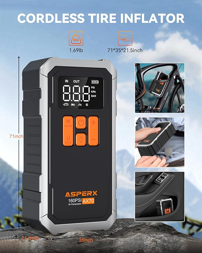 AsperX 160PSI Cordless Tire Inflator Air Compressor – Portable Rechargeable Air Pump with LCD Display, Auto Shut Off, LED Light & Carrying Case | Fast Inflation for Car Tires, Bike, Motorcycle, Balls