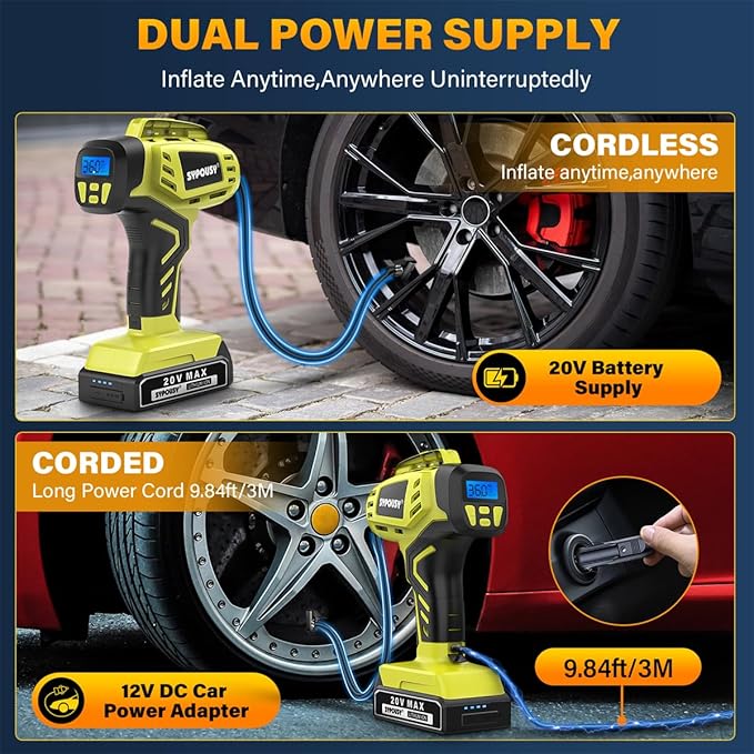 Tire Inflator Portable Air Compressor,Digital Cordless Tire Inflator,2X Faster Car Tire Pump with 20V Rechargeable Battery,Dual Power Supply Modes,Air Pump for Car Tires,E-Bike etc.